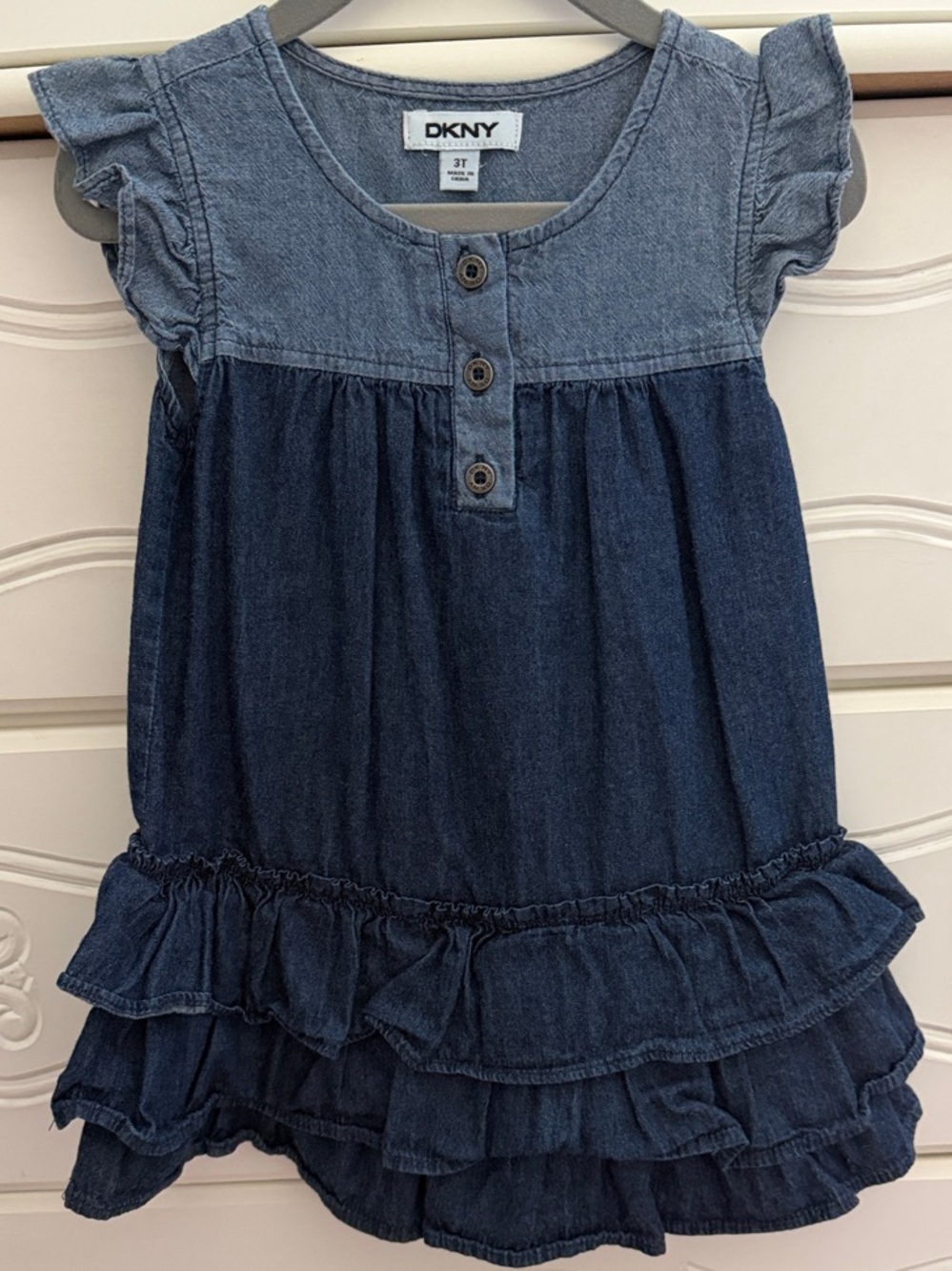 DKNY Girls' 3T Two-Tone Denim Ruffle Dress - Blue